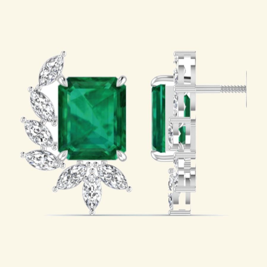 Emerald-cut emerald studs with marquise diamond petal cluster halo. — 8.47 GM gold