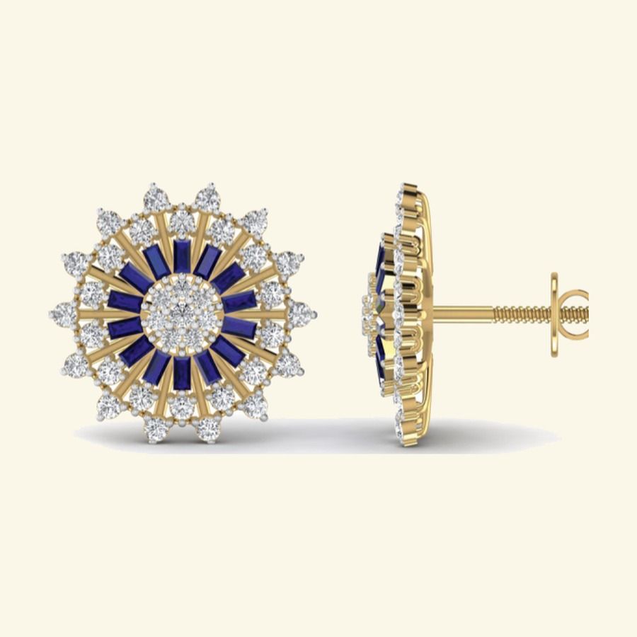 Round halo cluster earrings with floral pavé crown and slim drop suspension. — 3.97 GM gold