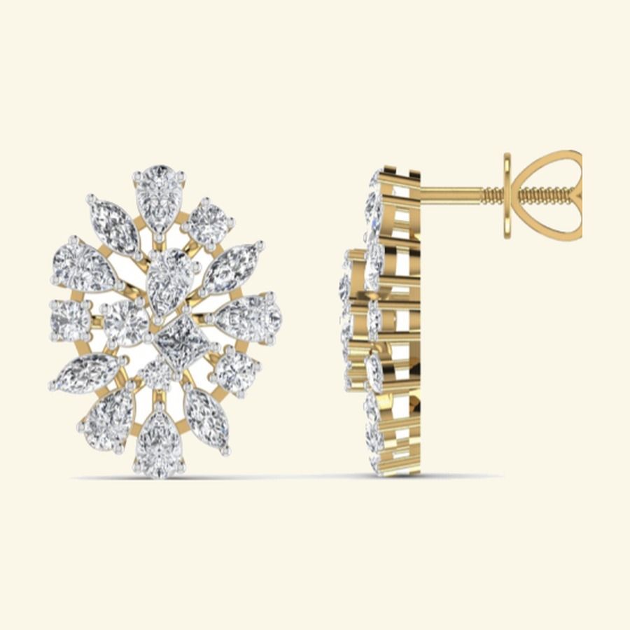 Pear and marquise diamond cluster spray earrings with pavé starburst centre. — 4.23 GM gold