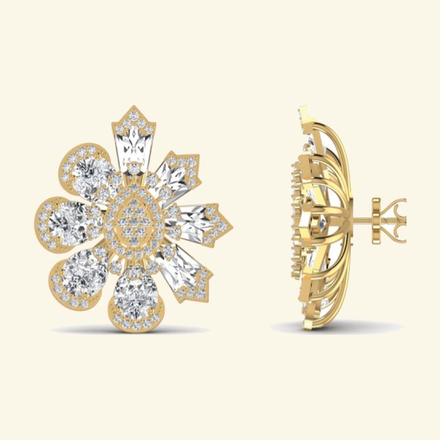 Statement chandelier drop earrings with diamond ribbon scrollwork tail. — 13.50 GM gold