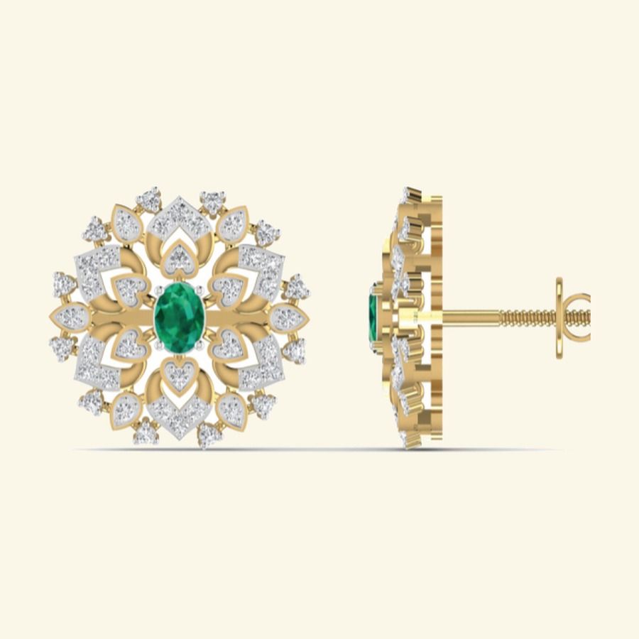 Round emerald cluster studs with pavé halo and pearl-edged border. — 5.45 GM gold