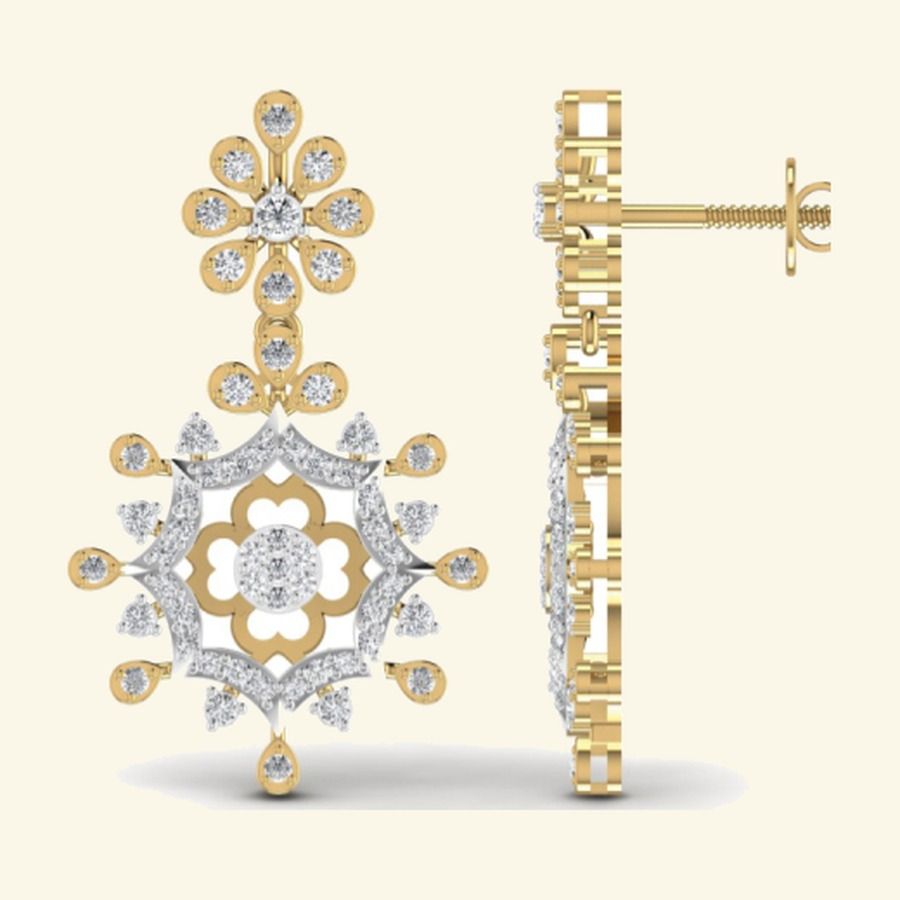 Pavé floral spray drop earrings with marquise diamond leaf fringe. — 6.56 GM gold