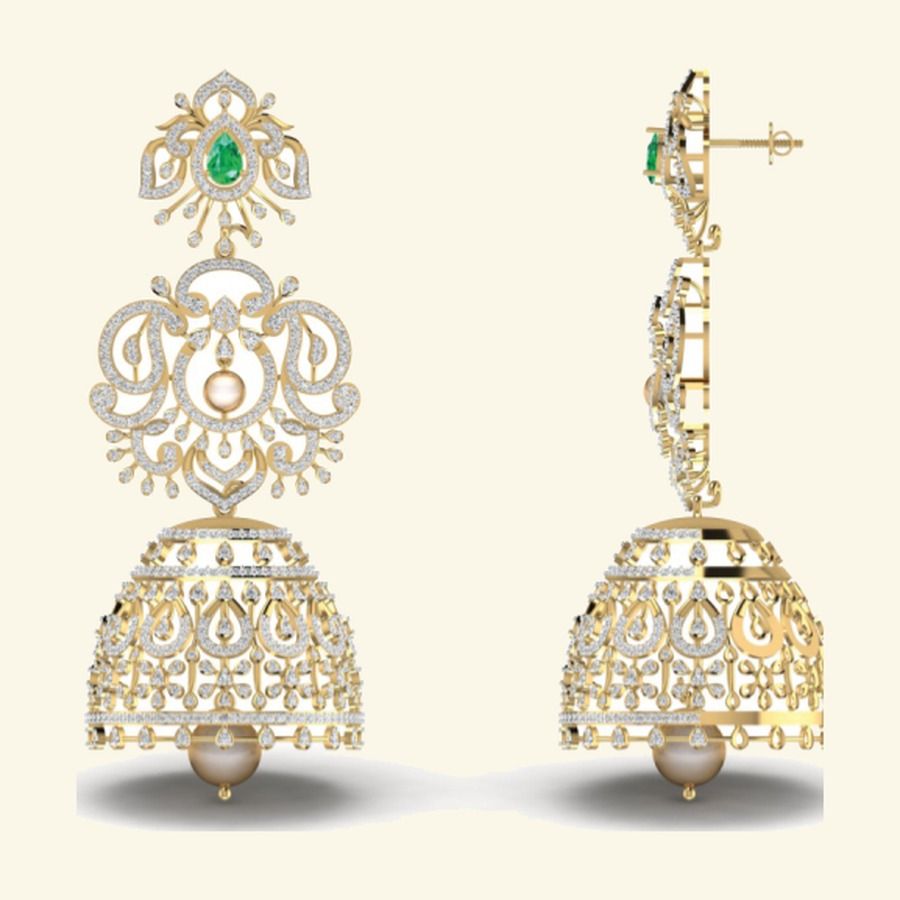 Heavy bridal chandelier earrings with diamond fan top and elongated pavé drop. — 36.00 GM gold