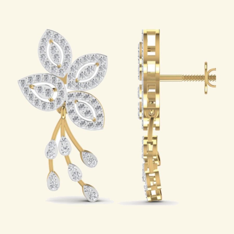 Long pavé drop earrings with diamond halo top and ribbon-tail base. — 4.63 GM gold