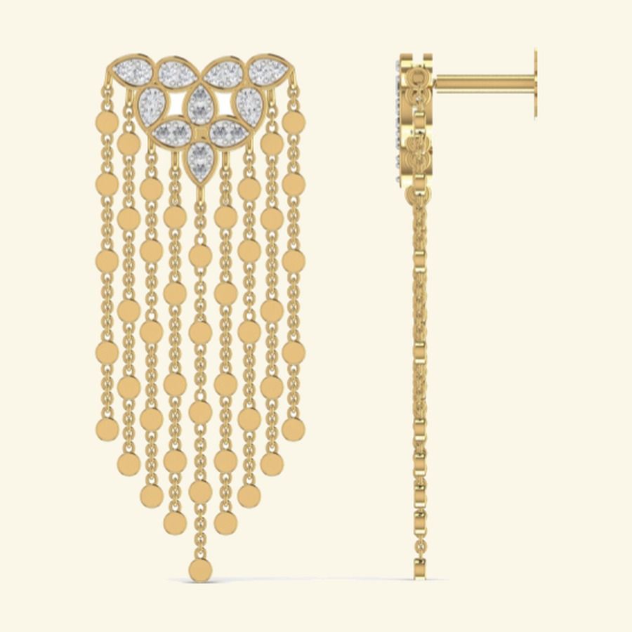 Diamond pear cluster earrings with cushion halo and pavé spray fringe. — 7.70 GM gold