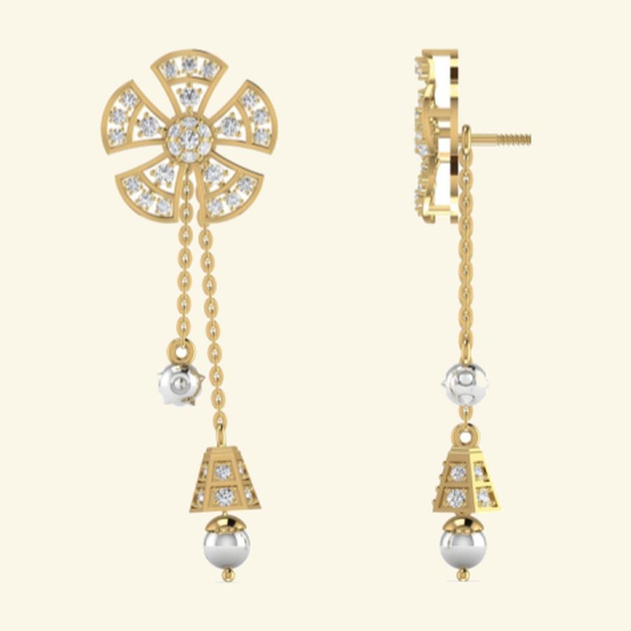 Pavé chandelier earrings with floral cluster top and diamond drop tail. — 8.57 GM gold