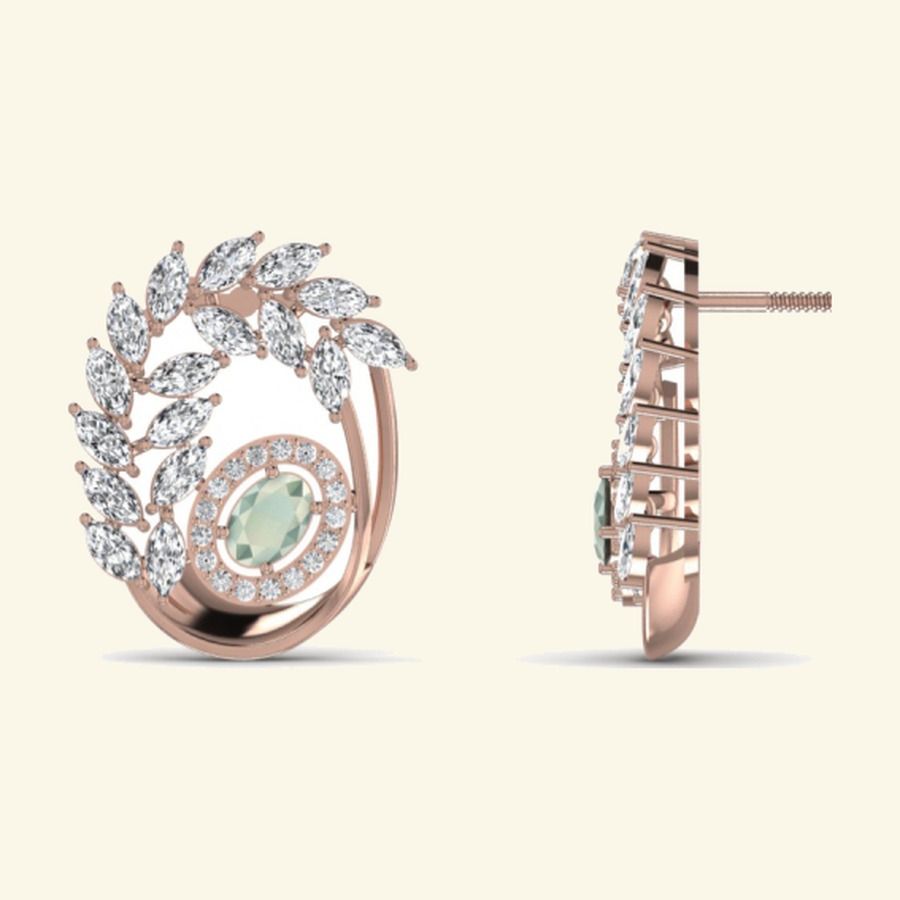 Round emerald cluster drop earrings with bordered pavé halo and slim drop bar. — 5.34 GM gold