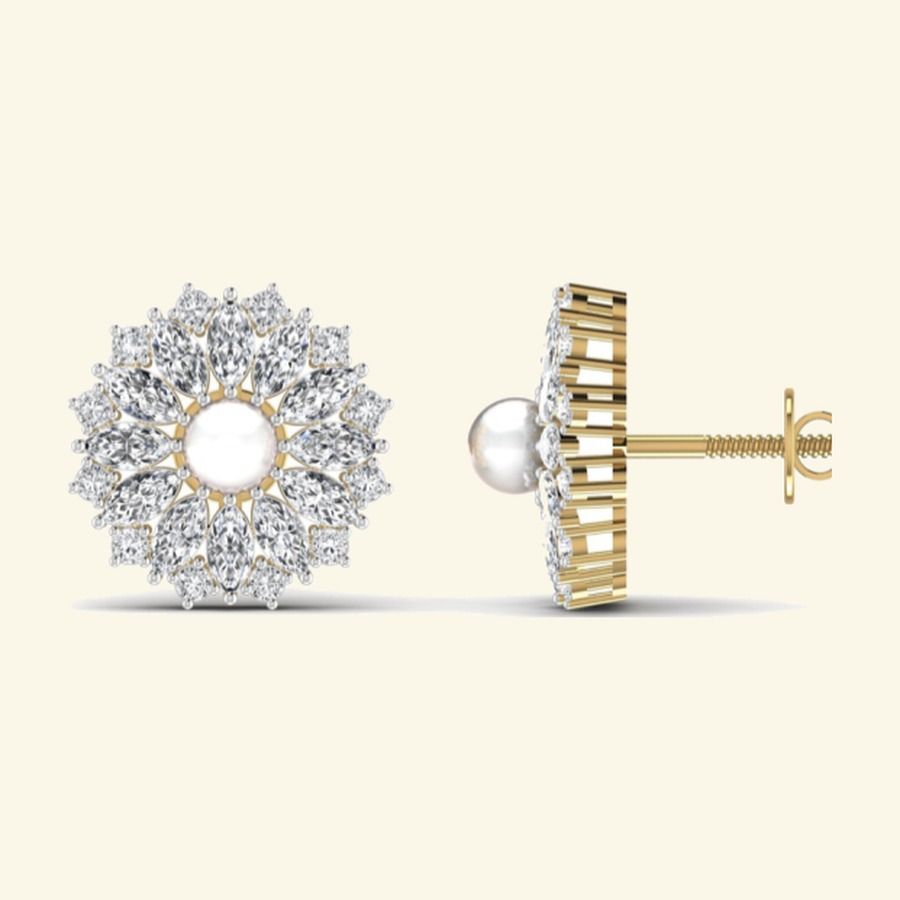 Pavé floral drop earrings with bordered round halo and ribbon-loop bail. — 4.20 GM gold