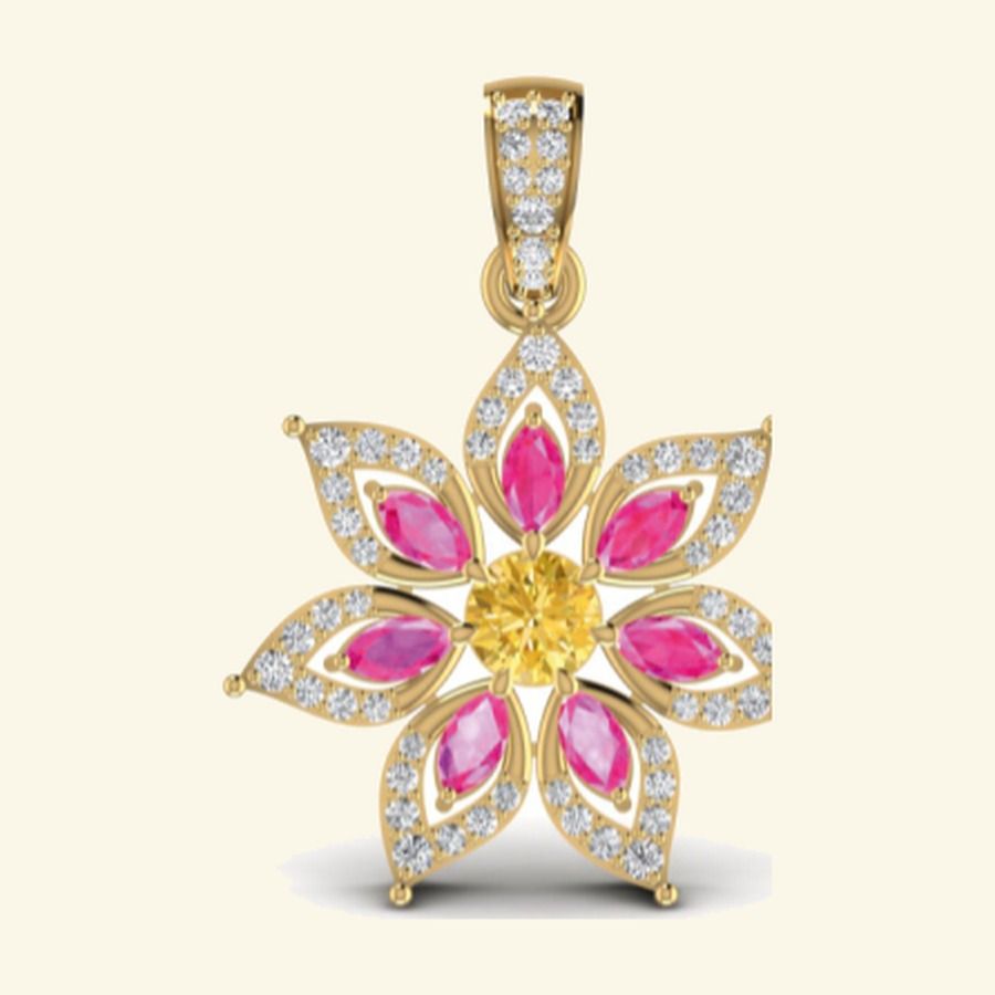 Pink ruby and yellow citrine floral pendant with diamond petals and pavé bail. — 6.00 GM gold