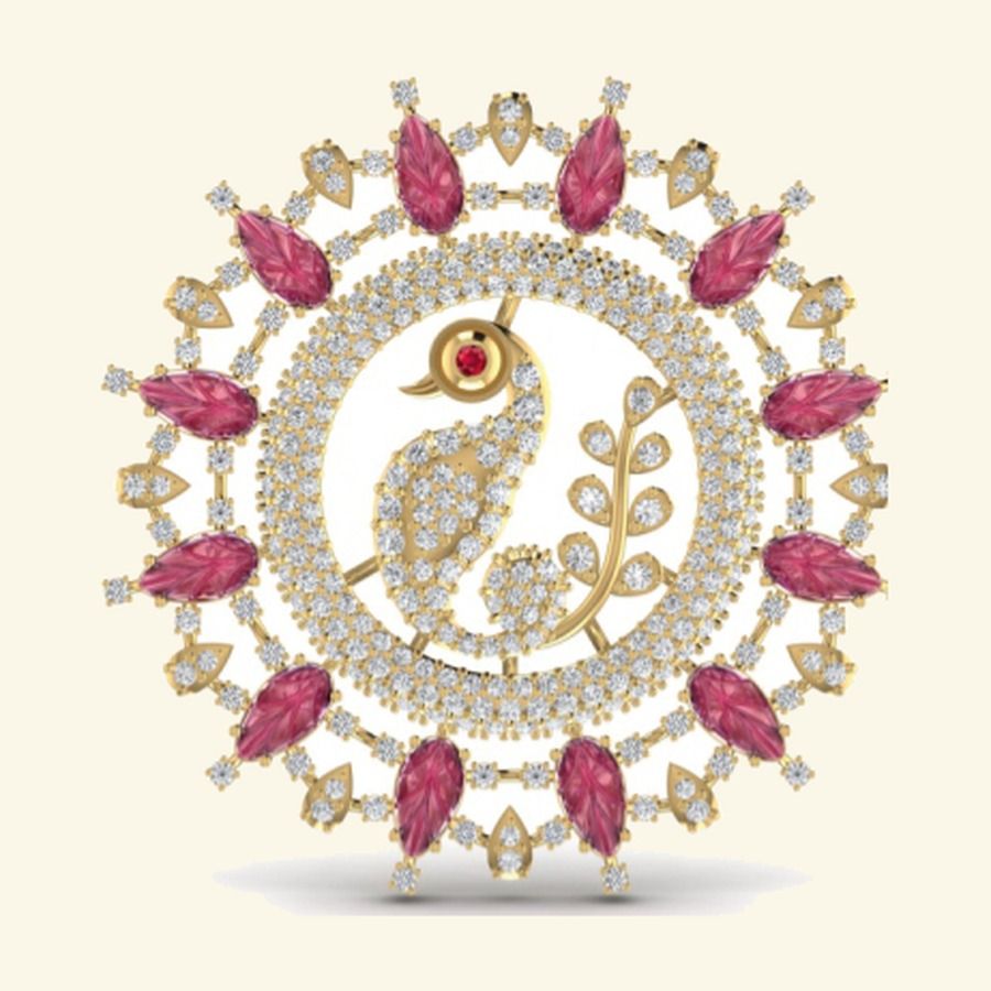Round mandala medallion with ruby marquise petals around peacock relief centre. — 10.87 GM gold
