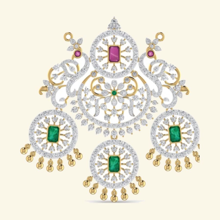 Bridal nakshatra pendant with ruby and emerald cabochons in scrollwork frame and pearl-tassel drops. — 29.50 GM gold