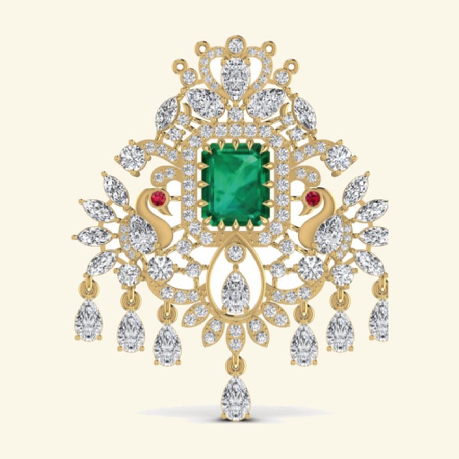 Bridal pendant with emerald square centre, peacock side motifs and pear-drop fringe. — 10.87 GM gold