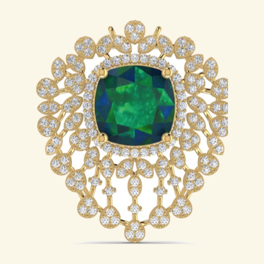Cushion green tourmaline centre with elaborate diamond filigree halo and openwork drop. — 7.63 GM gold