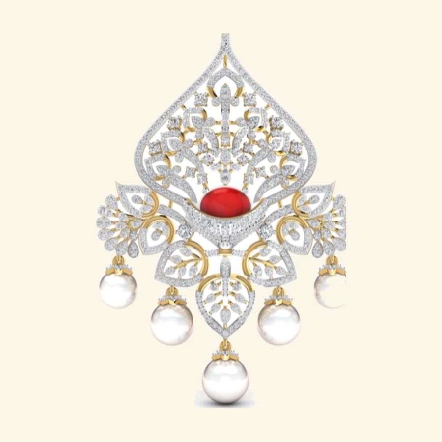 Bridal spade pendant with ruby cabochon centre, pearl drops and dense diamond filigree. — 19.00 GM gold