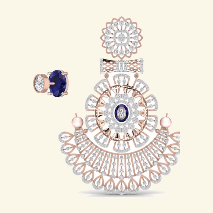 Bridal chand-bali fan pendant with rose-gold scrollwork, blue stone and pearl drops. — 24.50 GM gold