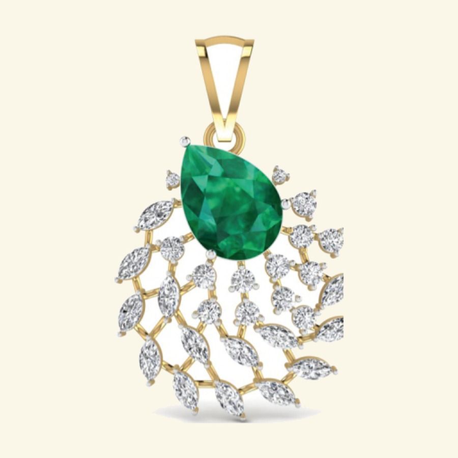 Pear emerald pendant with diamond marquise wave spray below. — 4.20 GM gold