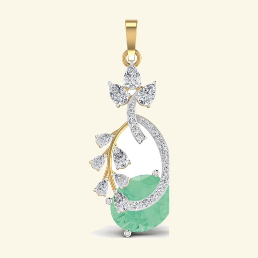 Pear emerald centre pendant with diamond floral spray and three-stone topper. — 4.60 GM gold