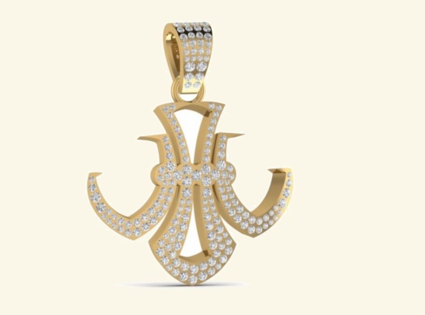 Pavé spear-cross hybrid pendant with curled wing detailing. — 7.09 GM gold