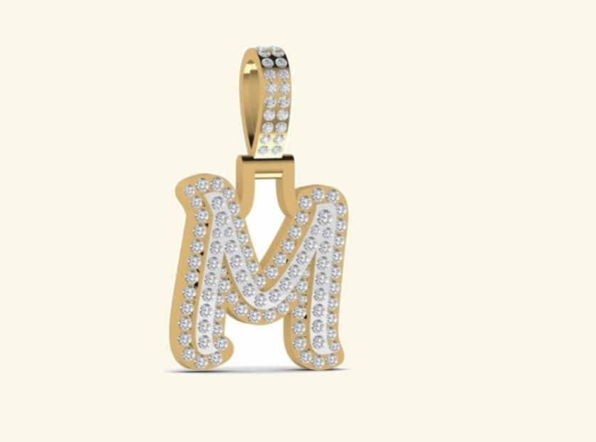 M two-tone block-letter monogram pendant with double-pavé outline. — 10.26 GM gold