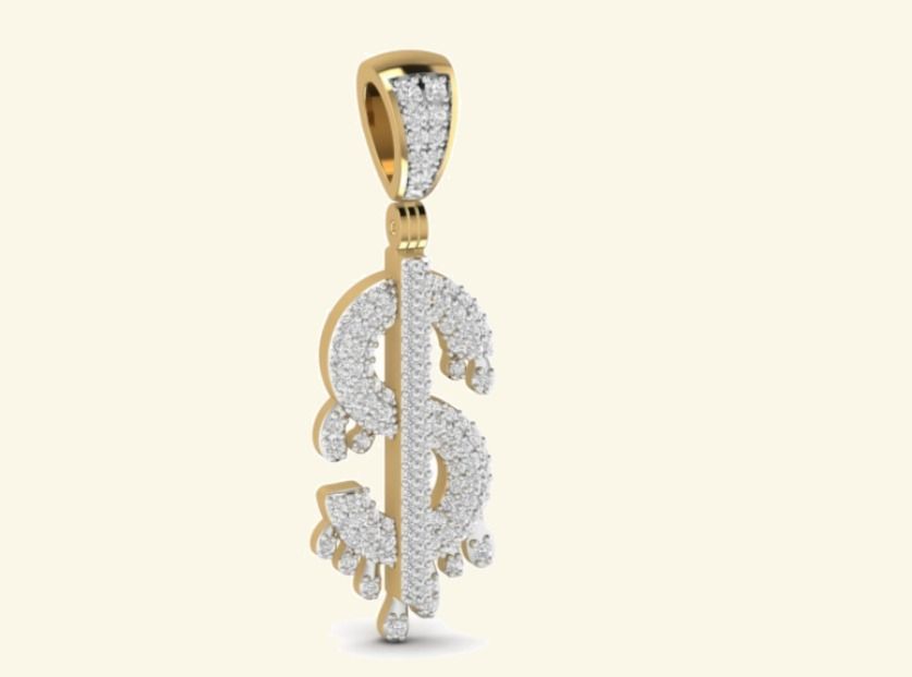 Pavé dollar-sign pendant with melting drip motif on dimensional gold. — 3.92 GM gold
