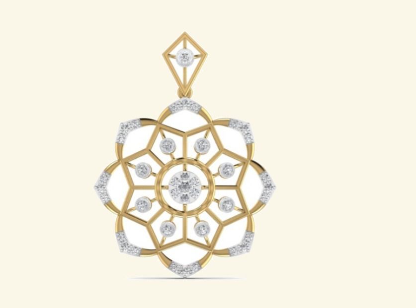 Eight-petal mandala openwork pendant with bezel-set rounds and pavé tips. — 5.95 GM gold