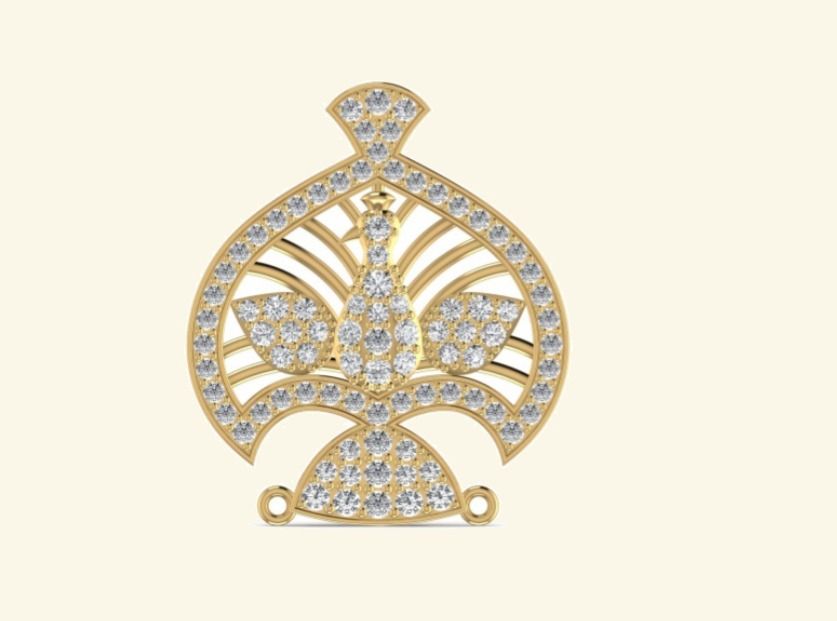 Tear-drop pavé peacock pendant with spread-tail design on twin loops. — 2.51 GM gold