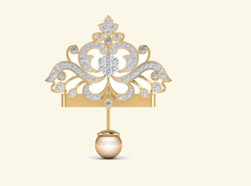 Crown-shape ornate scrollwork pendant with pearl drop and pavé filigree. — 7.84 GM gold