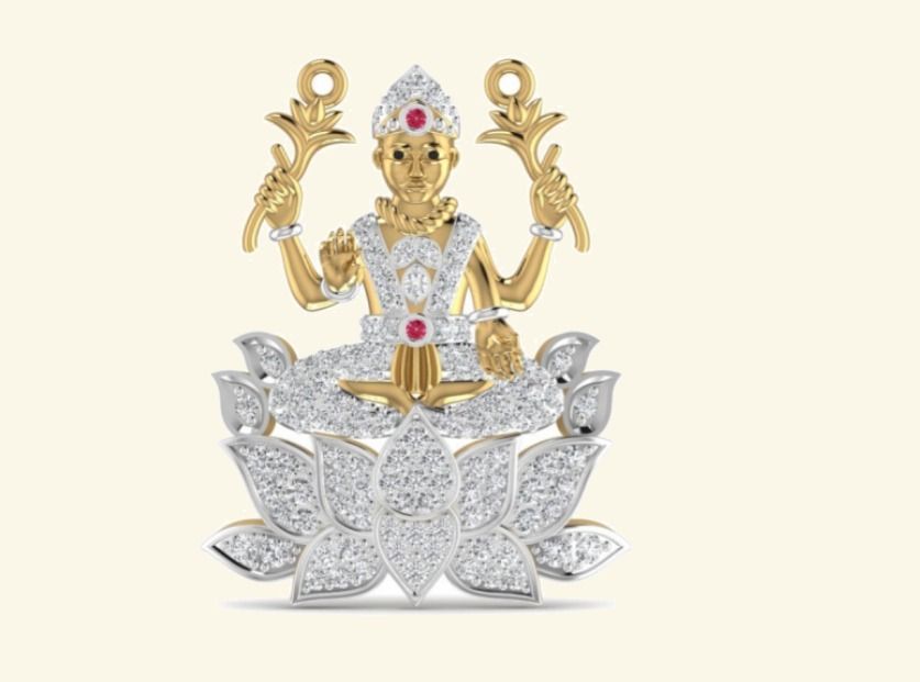 Lakshmi goddess seated on lotus, two-tone diamond pavé throne pendant. — 7.20 GM gold