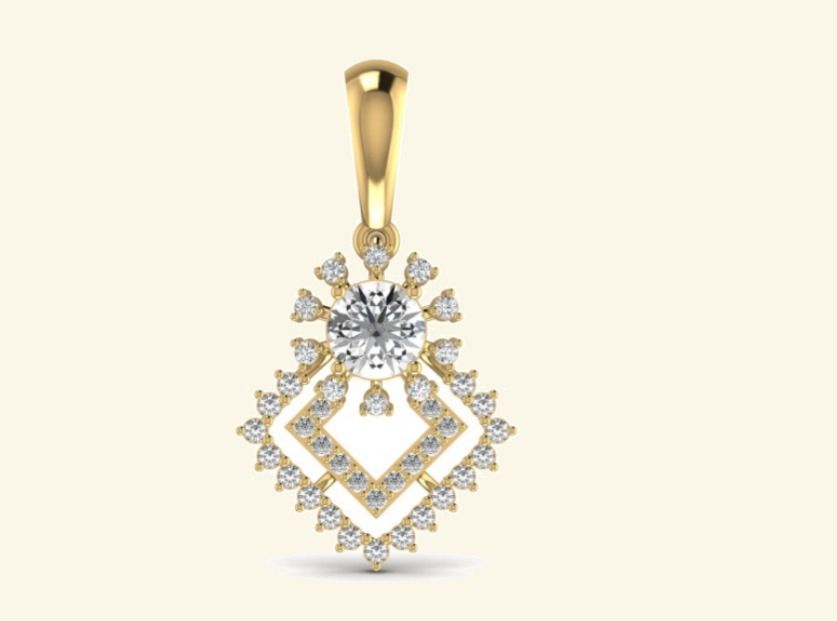 Round solitaire framed by a tilted square halo with starburst pavé radiating outward. — 2.65 GM gold