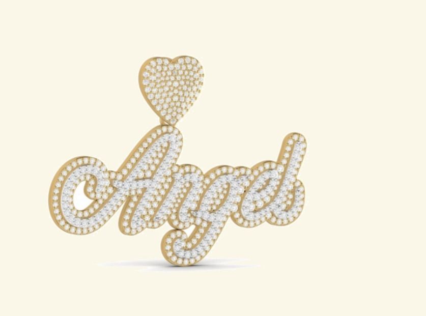 Angel cursive script pavé pendant with pavé heart topper. — 12.65 GM gold