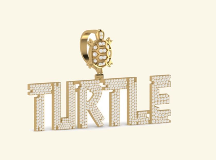 TURTLE iced block-letter pendant with turtle motif on pavé bail. — 9.99 GM gold