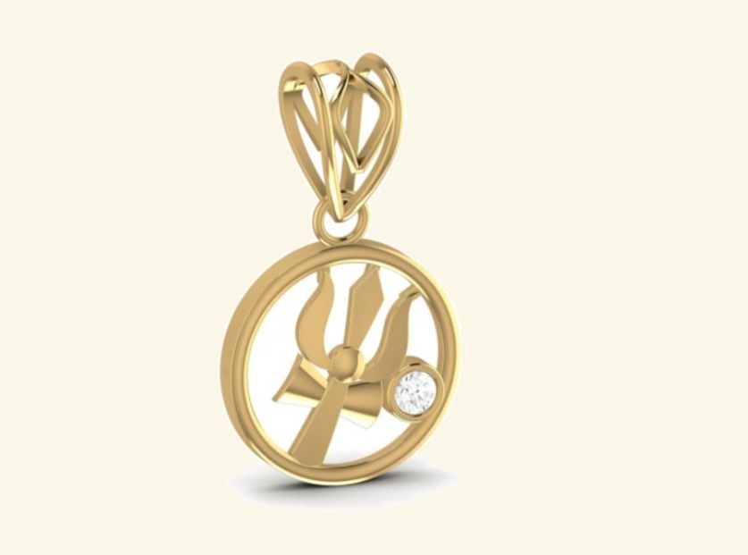 Round Shiva trishul pendant with single bezel-set diamond accent. — 1.68 GM gold