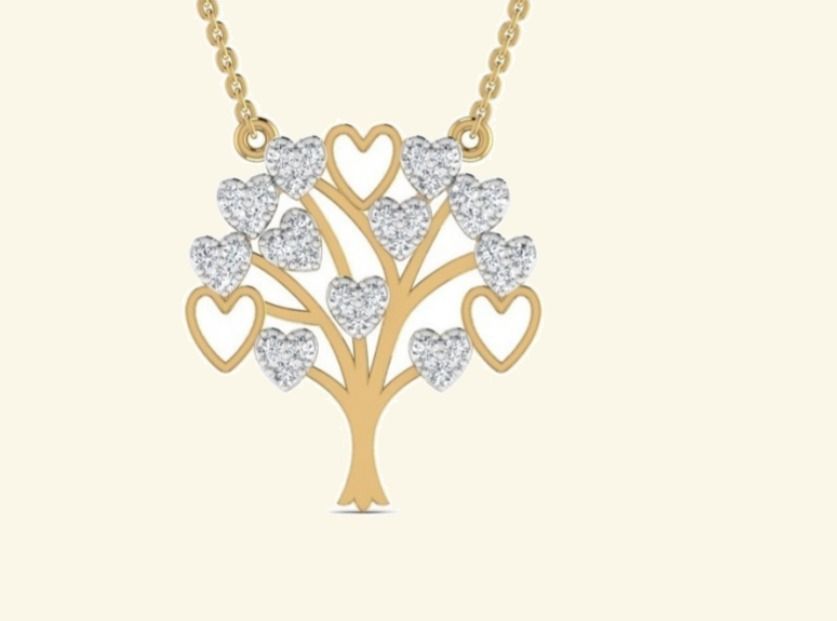 Tree of life pendant with mixed solid and pavé heart-shape leaves. — 1.60 GM gold
