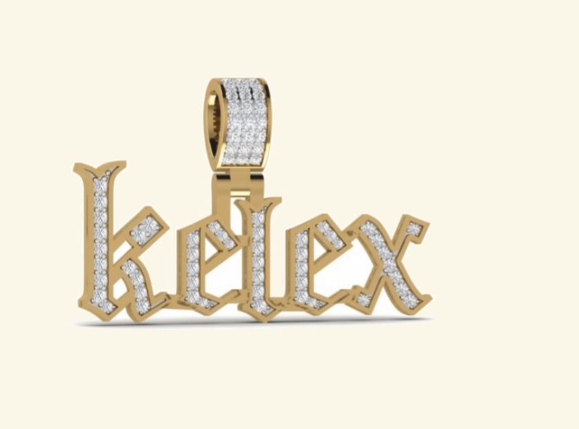 Old-English script kelex pavé nameplate pendant. — 5.20 GM gold